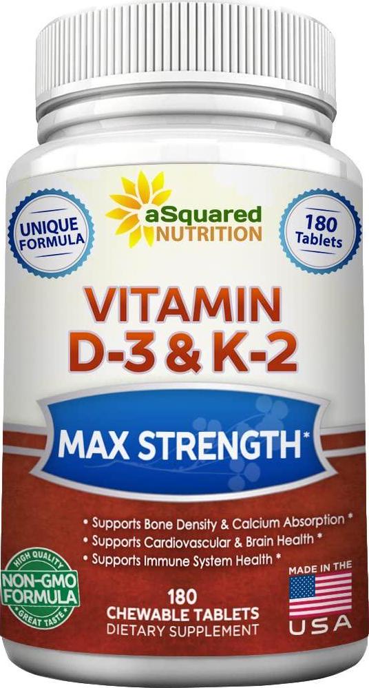Vitamin D3 with K2 Supplement - 180 Chewable Tablets, Max Strength D-3 Cholecalciferol and K-2 MK7 to Support Healthy Bones, Teeth, Heart - Antioxidant D 3 and K 2 MK-7 Energy Formula for Men and Women
