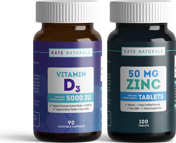 Vitamin D-3 5000 IU (90 Vegetable Capsules) and Zinc 50mg (100 Tablets) Set by Kate Naturals. Supports Immune System and Strong Bones. Non-GMO.