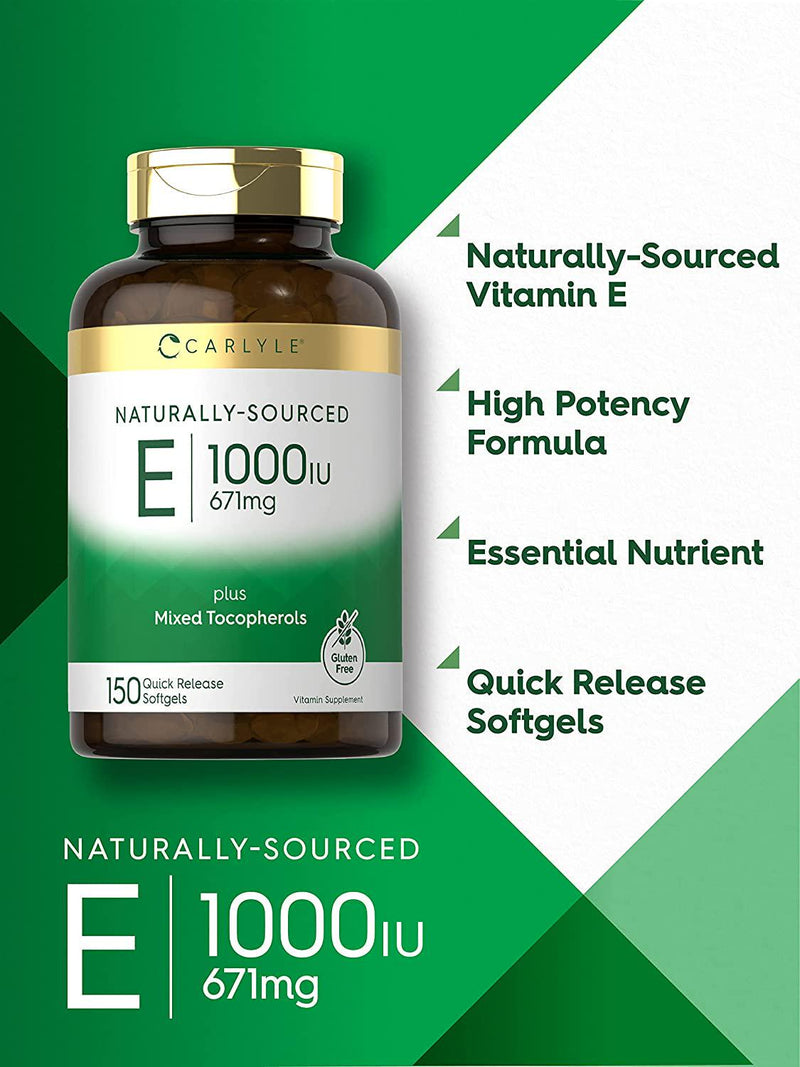 Vitamin E Plus Mixed Tocopherols | 1000 IU (671mg) | 150 Softgels | Non-GMO and Gluten Free Formula | Naturally Sourced Vitamin E Supplement | by Carlyle