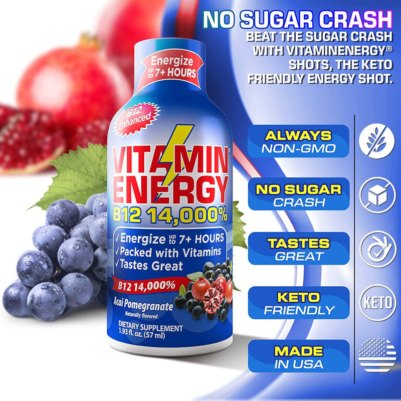 Vitamin Energy B12 Energy Drink Shots, Acai Pomegranate Flavor, Up to 7+ Hours of Energy, 1.93 Fl Oz, 48 Count