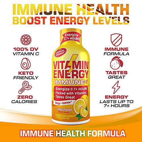 Vitamin Energy Immune Shot, Tango Orange Flavor, Up to 7+ Hours of Energy, 1.93 Fl Oz, 48 Count
