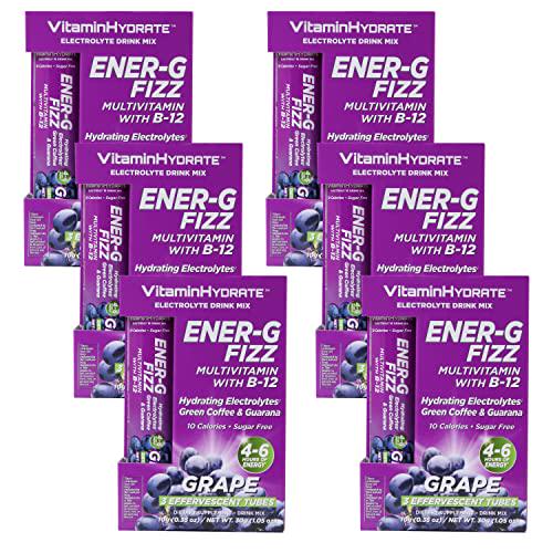 Vitamin Hydrate Ener-G Fizz Tubes, Grape Flavor, Natural Energy, Endurance, Fight Fatigue, Boost Stamina, Super B-12, Vitamin C, Hydration, Electrolytes, (6 Pack), 18 Servings,Purple