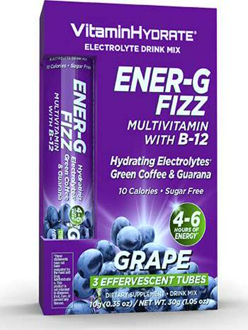 Vitamin Hydrate Ener-G Fizz Tubes, Grape Flavor, Natural Energy, Endurance, Fight Fatigue, Boost Stamina, Super B-12, Vitamin C, Hydration, Electrolytes, (6 Pack), 18 Servings,Purple