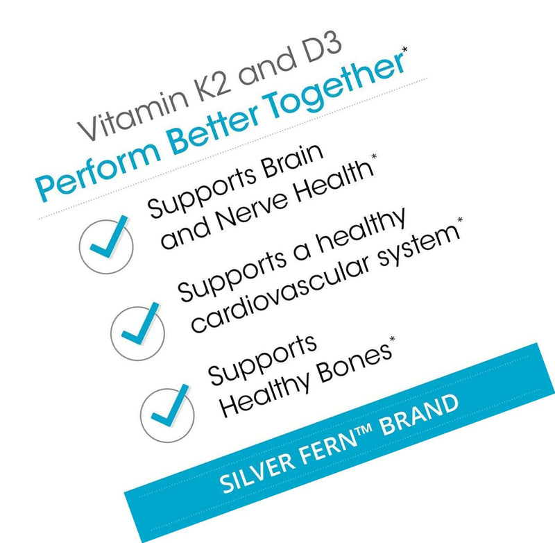 Vitamin K2-D3 Supplement by Silver Fern Brand - Natural, Non-Synthetic - K2-7 as Menaquinone-7 (MK-7) - D3 as cholecalciferol - Bone, Heart and Energy Support (2 Bottles - 60 Capsules - 60 Servings)