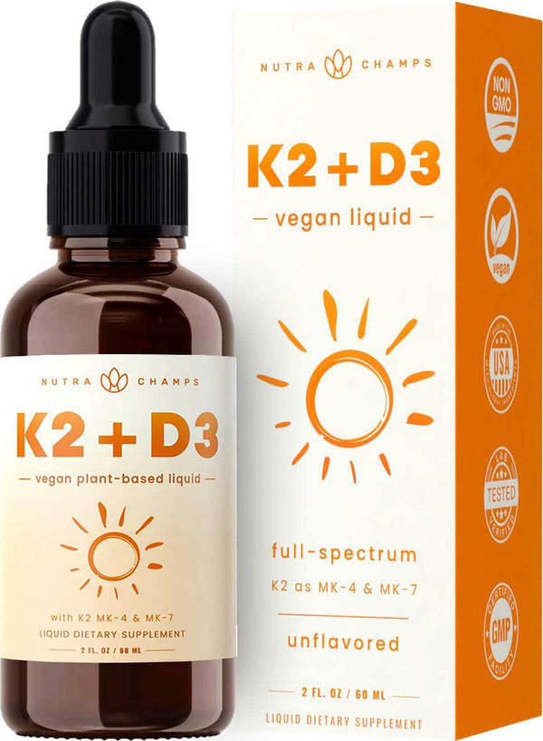 Vitamin K2 D3 Supplement Drops - Healthy Bones, Heart, Mood and Immune System - Premium Vegan D3 5000 IU and K2 MK7 and MK4 100 mcg - 2 oz. Organic Liquid for Better Absorption than Capsules, Pills or Gummies