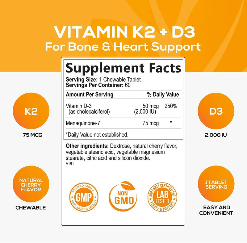Vitamin K2 (MK7) with D3 Supplement - Highest Potency Vitamin D and K Complex, Chewable for Better Absorption, Made in USA, Best Support for Your Heart, Bones and Teeth, Non-GMO. 60 Veggie Tablets