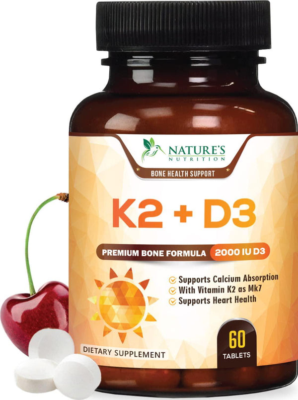 Vitamin K2 (MK7) with D3 Supplement - Highest Potency Vitamin D and K Complex, Chewable for Better Absorption, Made in USA, Best Support for Your Heart, Bones and Teeth, Non-GMO. 60 Veggie Tablets