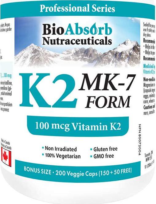 Vitamin K2 MK-7 Form Supplement. 100 mcg. 200 Veggie Capsules. 200-Day Supply