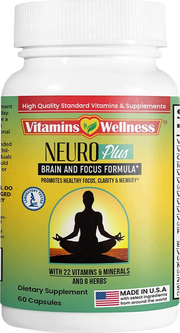 Vitamin Wellness - Neuro Plus Brain and Focus Supplement - Memory and Brain Wellness Formula - Nootropics Brain Support Supplement (Vitamin B Complex, Zinc, Magnesium and Iron for Healthy Brain Function)