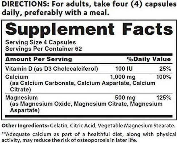Vitamin World Calcium Magnesium Plus Vitamin D3 250 Capsules, Promotes Bone Health, Mineral Supplement, Rapid-Release, Gluten Free