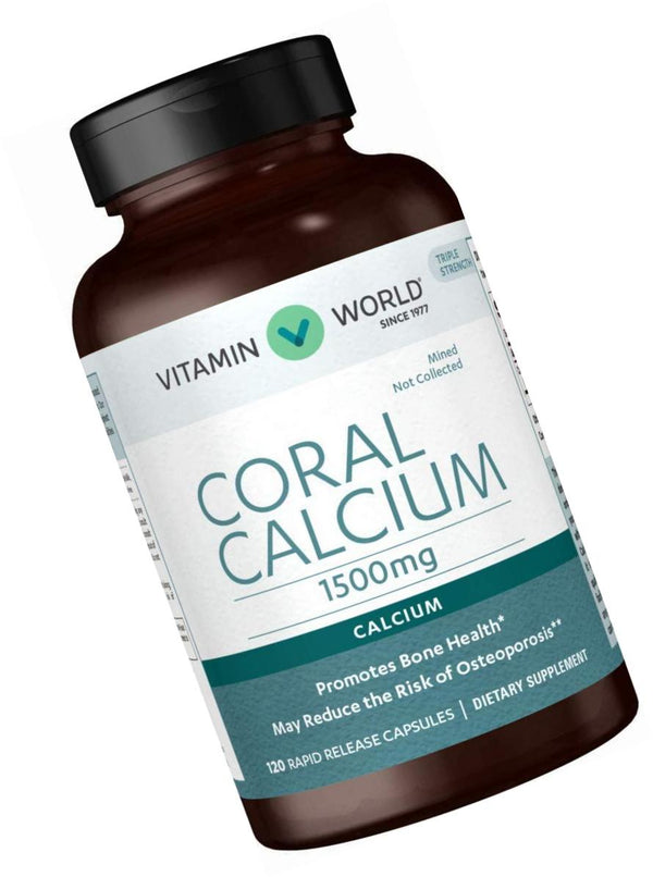 Vitamin World Coral Calcium 1500 mg. 120 Capsules, Mineral Supplement, Rapid-Release, Gluten Free