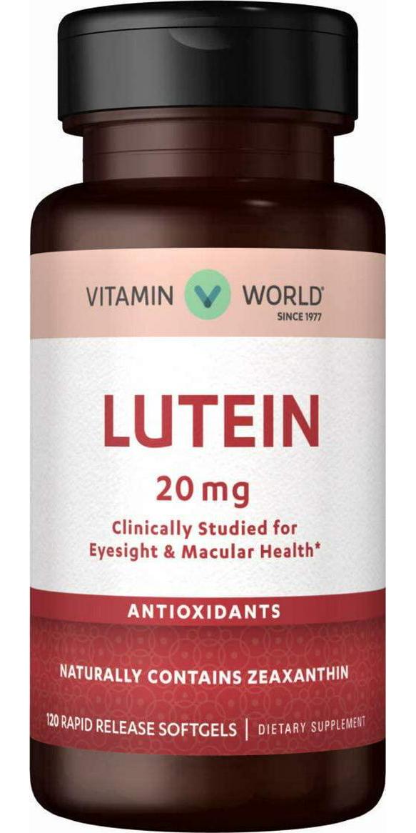Vitamin World Lutein 20 mg. 120 Softgels, Zeaxanthin, Carotenoid, Eye Vision, Macular Health, Antioxidant, Rapid Release, Gluten Free