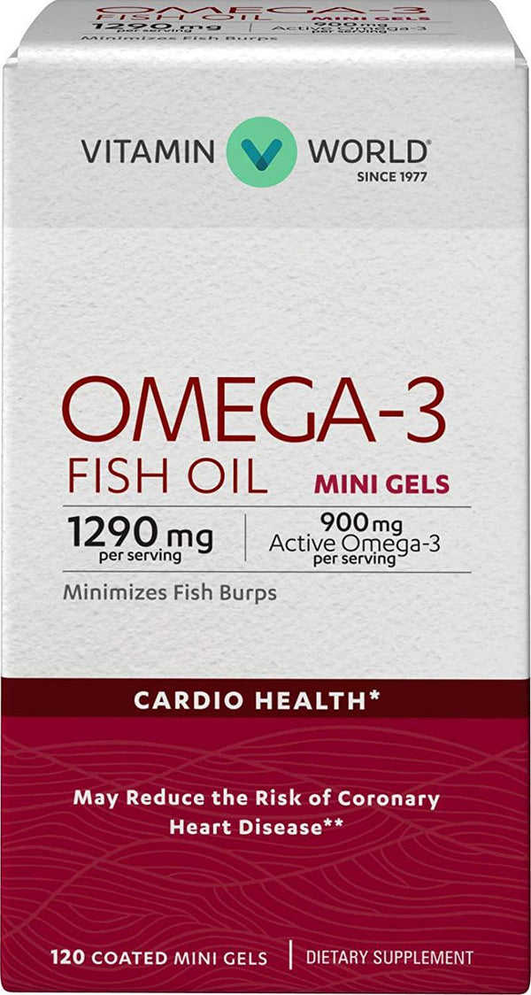 Vitamin World Omega-3 Fish Oil Premium Coated Mini Gels 900mg 120 Softgels, Heart Health, Cardio Support, Coated, Gluten Free