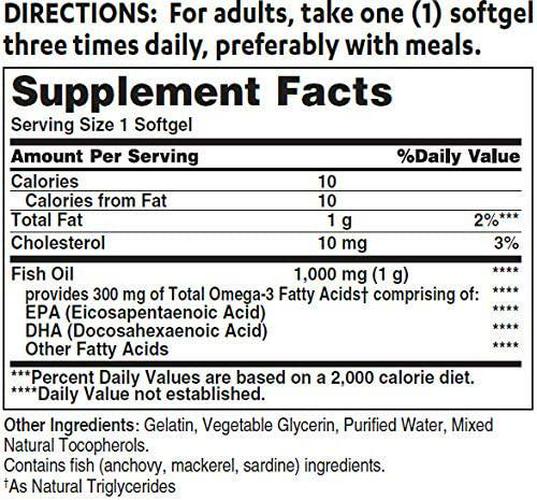 Vitamin World Omega-3 Fish Oil 1000 mg. 250 Softgels, EPA DHA, Heart Health, Cardio Support, Rapid-Release, Gluten Free