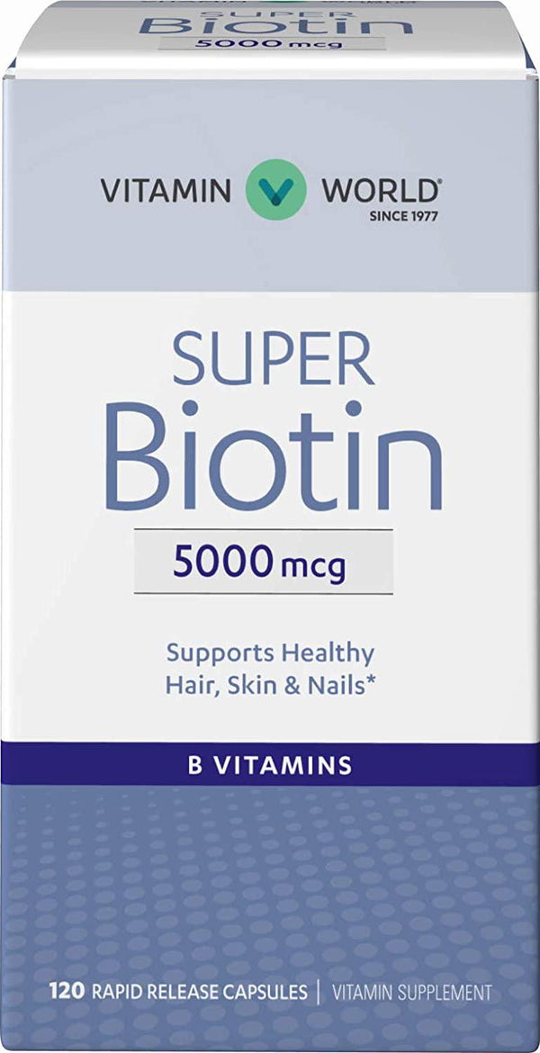Vitamin World Super Biotin 5000 mcg. 120 Capsules, B Vitamin, Hair, Skin and Nails, Rapid-Release, Gluten Free