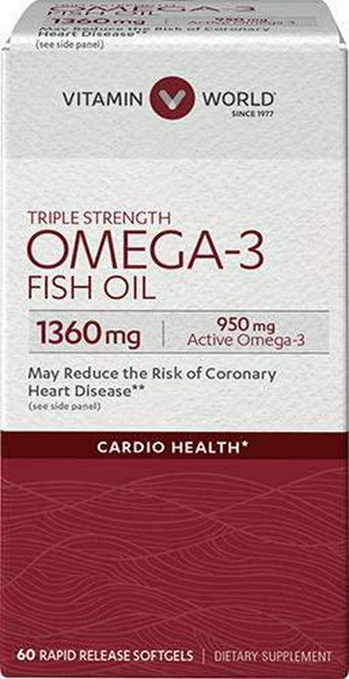 Vitamin World Triple Strength Omega-3 Fish Oil 1360 mg 60 softgels, 950 Active Omega-3, Heart Health, Cardio Support, Rapid-Release, Gluten Free