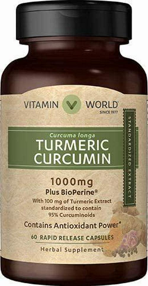 Vitamin World Turmeric Curcumin 1000 mg 60 Capsules, BioPerine Black Pepper Extract Absorption, Standardized to Contain 95% Curcuminoids, Joint Support, Antioxidant, Anti-inflammatory, Gluten Free