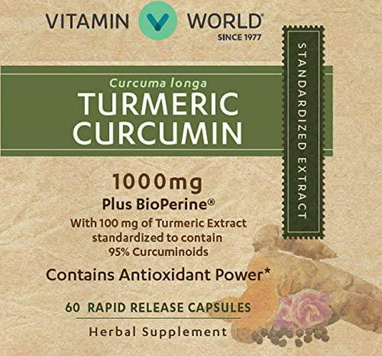 Vitamin World Turmeric Curcumin 1000 mg 60 Capsules, BioPerine Black Pepper Extract Absorption, Standardized to Contain 95% Curcuminoids, Joint Support, Antioxidant, Anti-inflammatory, Gluten Free