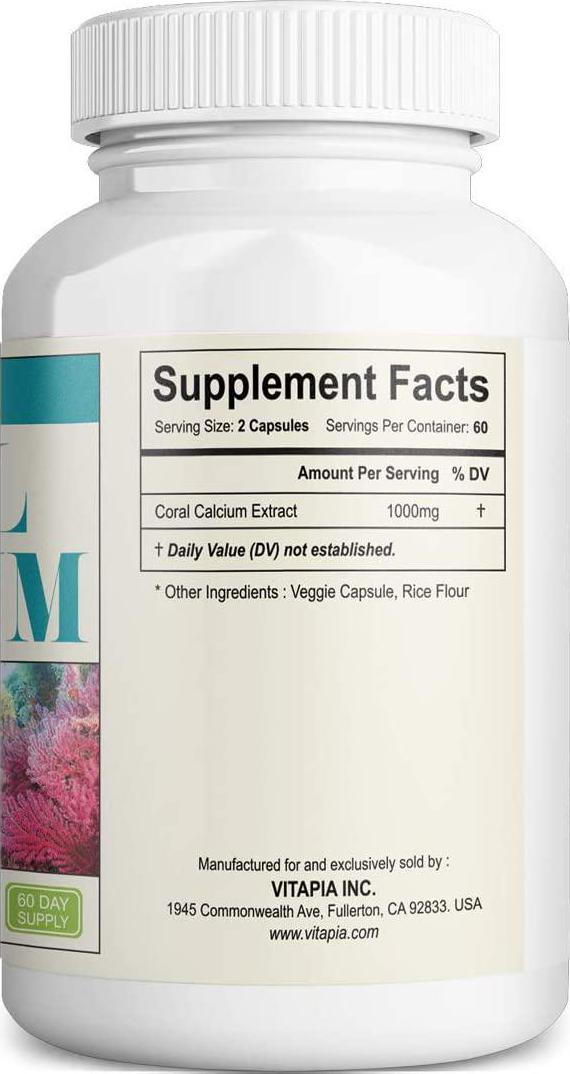 Vitapia Coral Calcium 1000mg - 120 Veggie Capsules - Vegan and Non-GMO - Promotes Healthy PH Balance - Supports Healthy Bones and Teeth