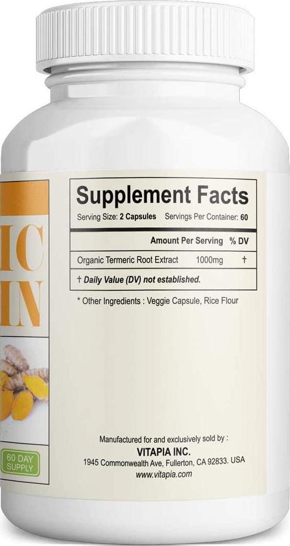 Vitapia Organic Turmeric Curcumin Supplement 1000mg - 120 Veggie Capsules - Vegan and Non-GMO - Curcumin Pills for Anti-Inflammatory Effects, Joint Support, Brain Health Support