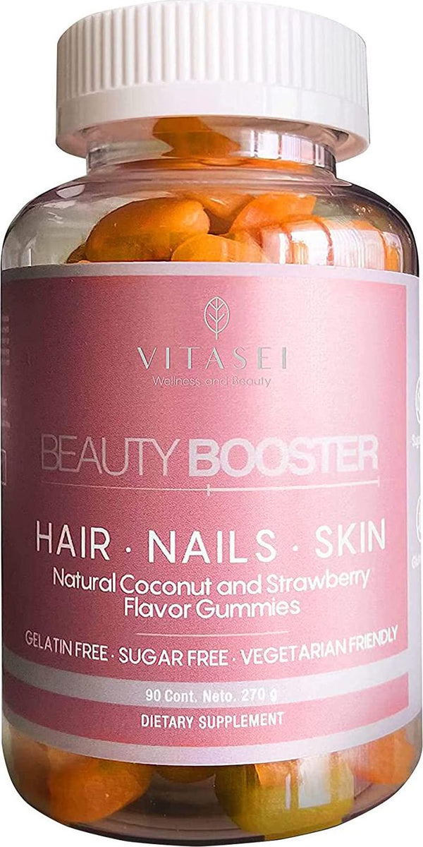 Vitasei Beauty Booster MultiVitamin Biotin, D3, B12 - Hair and Nail Growth Factor, Gelatin - Gluten Free Skin Supplement Coconut, Strawberry 90 Gummies