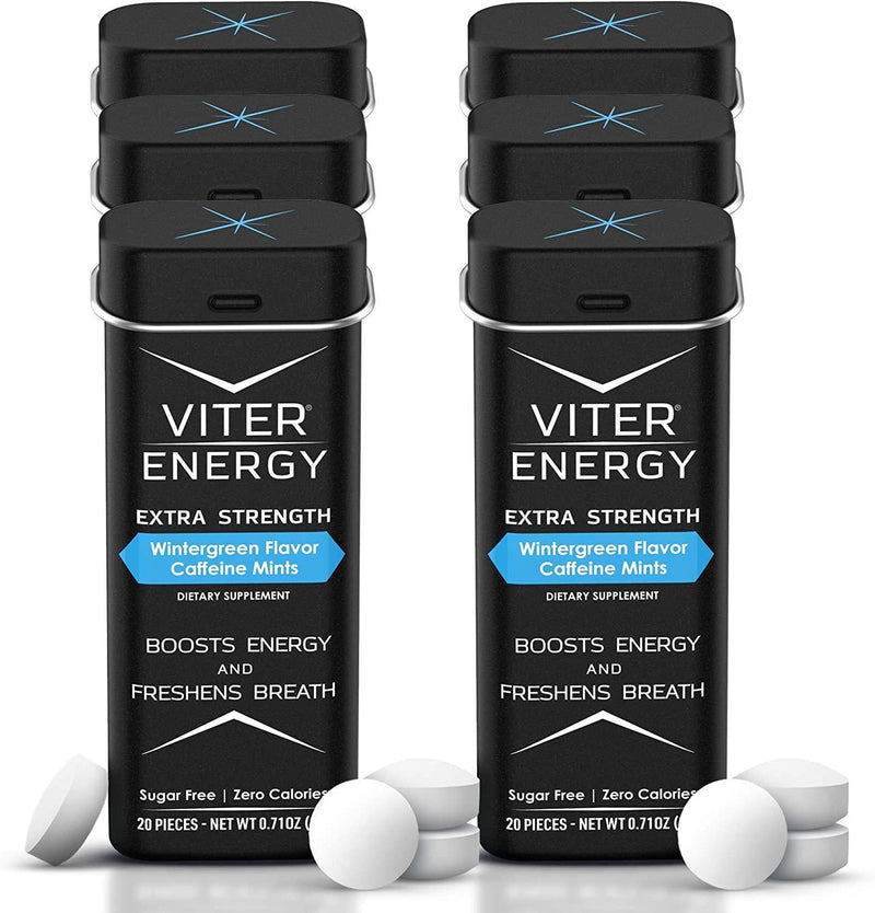 Viter Energy Extra Strength Caffeinated Mints - 80mg Caffeine, B Vitamins, Sugar Free Vegan Breath Mint. Powerful Energizing Boost. 1 Mint Replaces 1 Coffee, Gum, Chews, Gummies (Wintergreen, 6 Pack)