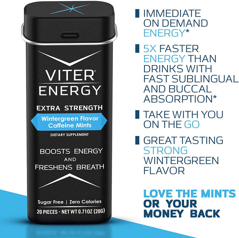 Viter Energy Extra Strength Caffeinated Mints - 80mg Caffeine, B Vitamins, Sugar Free Vegan Breath Mint. Powerful Energizing Boost. 1 Mint Replaces 1 Coffee, Gum, Chews, Gummies (Wintergreen, 6 Pack)