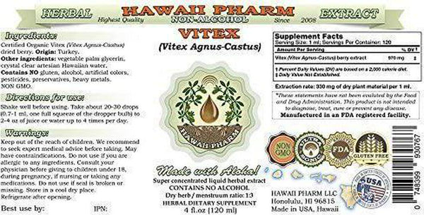 Vitex Alcohol-Free Liquid Extract, Organic Vitex (Vitex Agnus-Castus) Dried Berry Glycerite Natural Herbal Supplement, Hawaii Pharm, USA 2 fl.oz