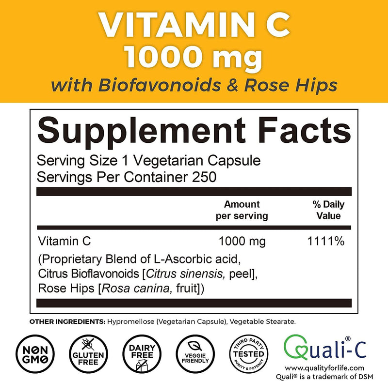 Viva Naturals Vitamin C 1000mg (250 Capsules) - Non-gmo Vitamin C Supplements With Citrus Bioflavonoids, 250 Count