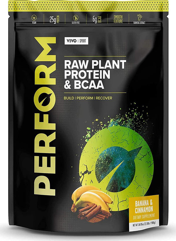 Vivo Life Perform Banana and Cinnamon Flavour Vegan Protein Powder, 26 Servings - 34.8oz, BCAA Pea and Hemp Blend, Plant-Based Protein Shake
