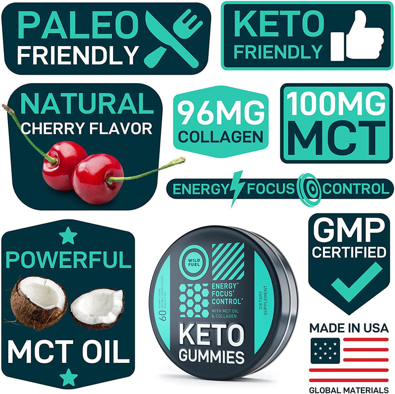 WILD FUEL Keto Candy MCT Oil Gummies with Collagen - Physical and Mental Energy and Focus - Low Carb Gummies for Pre Workout - 60 Cherry Flavor Gummy Fruit Chews, 60 Count (Pack of 1)