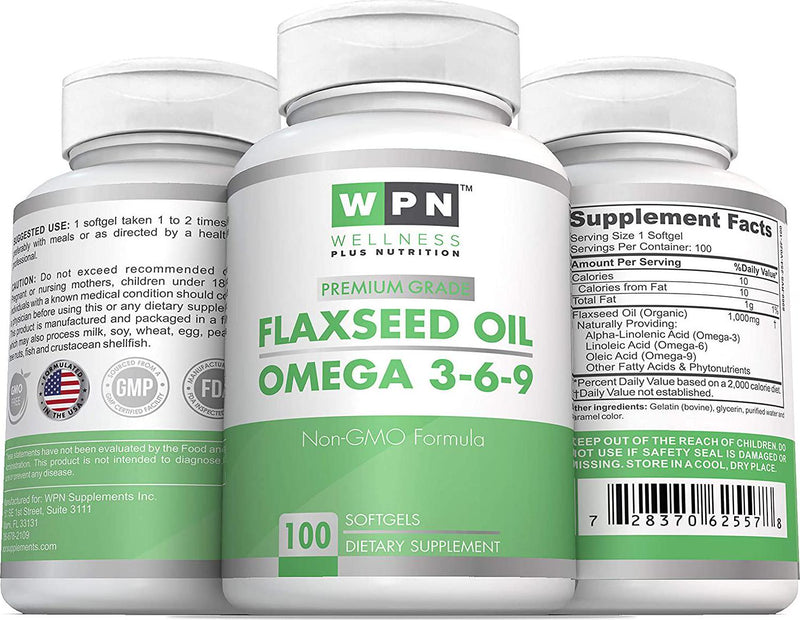 WPN Supplements Flaxseed Oil 1000 mg | Omega 3-6-9 | Premium Grade | Non GMO Formula | 100 Softgels | Made with Organic Flaxseed Oil