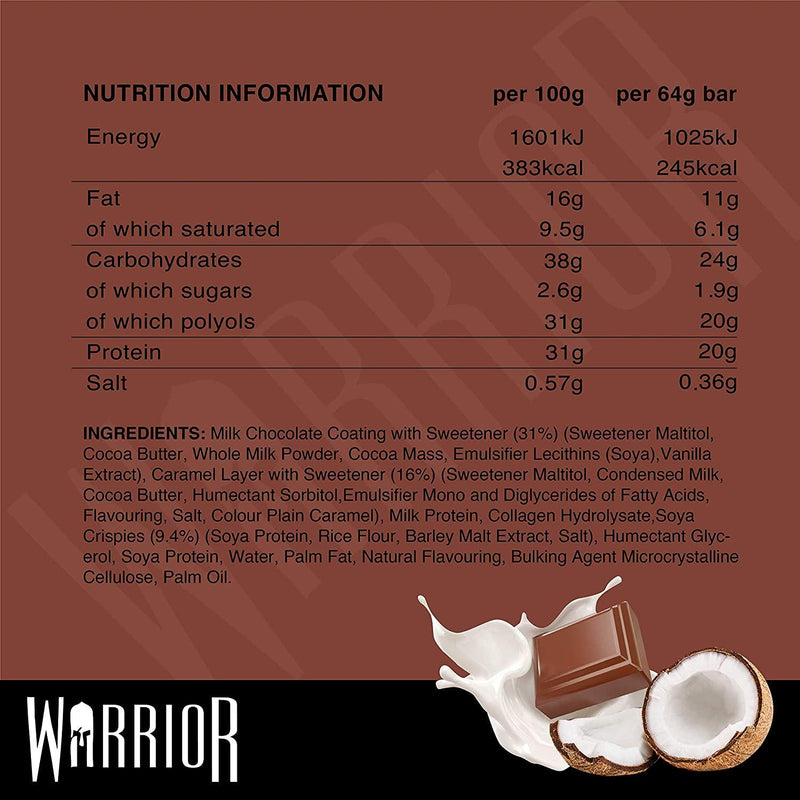 Warrior HIGH Protein Bars (20g Protein Each) - Low Carb, Low Sugar - Pack of 12 Caramel Crispy Crunch Bars - Milk Chocolate and Coconut