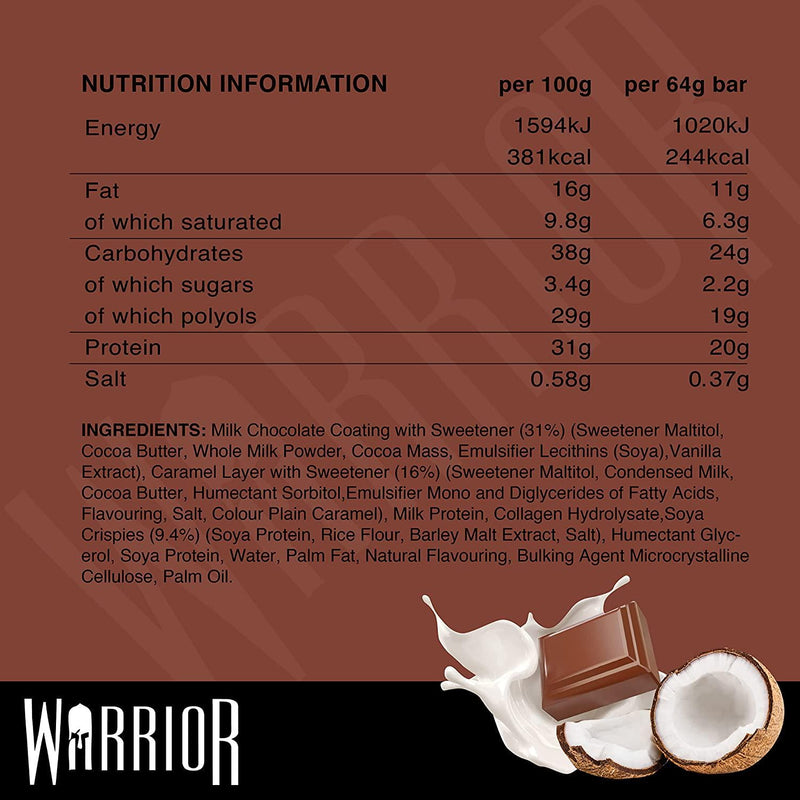 Warrior HIGH Protein Bars (20g Protein Each) - Low Carb, Low Sugar - Pack of 12 Caramel Crispy Crunch Bars - Milk Chocolate and Coconut