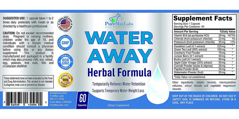 Water Away Gentle Herbal Diuretic - Natural Diuretic Water Pills - Relieve Bloating, Reduce Excess Water Weight with Dandelion Leaf, Green Tea, Detox Cleanse and Urinary Health. Non-GMO, 60 Capsules