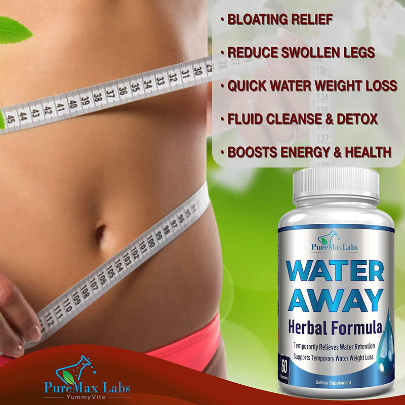 Water Away Gentle Herbal Diuretic - Natural Diuretic Water Pills - Relieve Bloating, Reduce Excess Water Weight with Dandelion Leaf, Green Tea, Detox Cleanse and Urinary Health. Non-GMO, 60 Capsules
