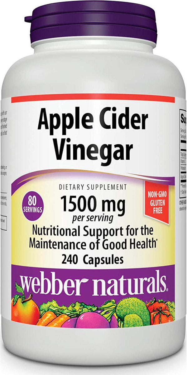 Webber Naturals Apple Cider Vinegar Pills, 1,500 mg per Serving, High Potency, 240 Capsules, Natural Digestion, Metabolism, Weight and Detox Support, Non-GMO, Gluten, Dairy and Sugar Free