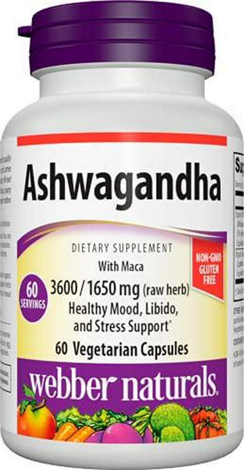 Webber Naturals Ashwagandha with Maca, 3,600 mg of Ashwagandha Root with 1,650 mg of Maca Root Per Pill, 60 Vegetarian Capsules, Gluten Free, Non-GMO