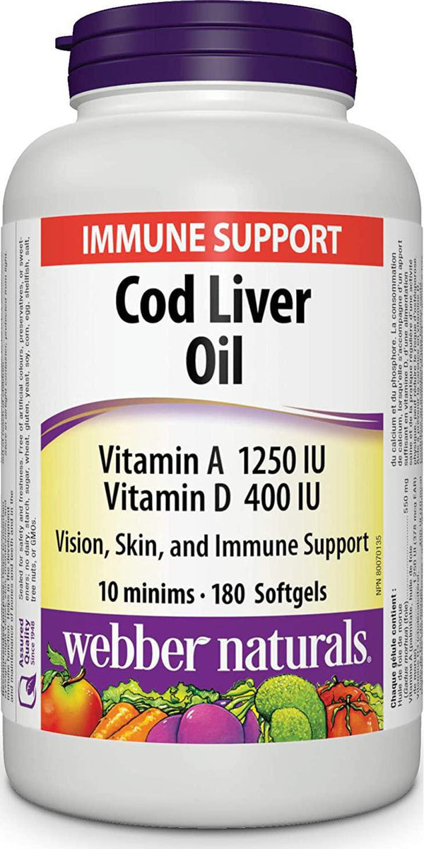 Webber Naturals Cod Liver Oil 1250 IU/100 IU · Vitamin A and D, 180 Softgels