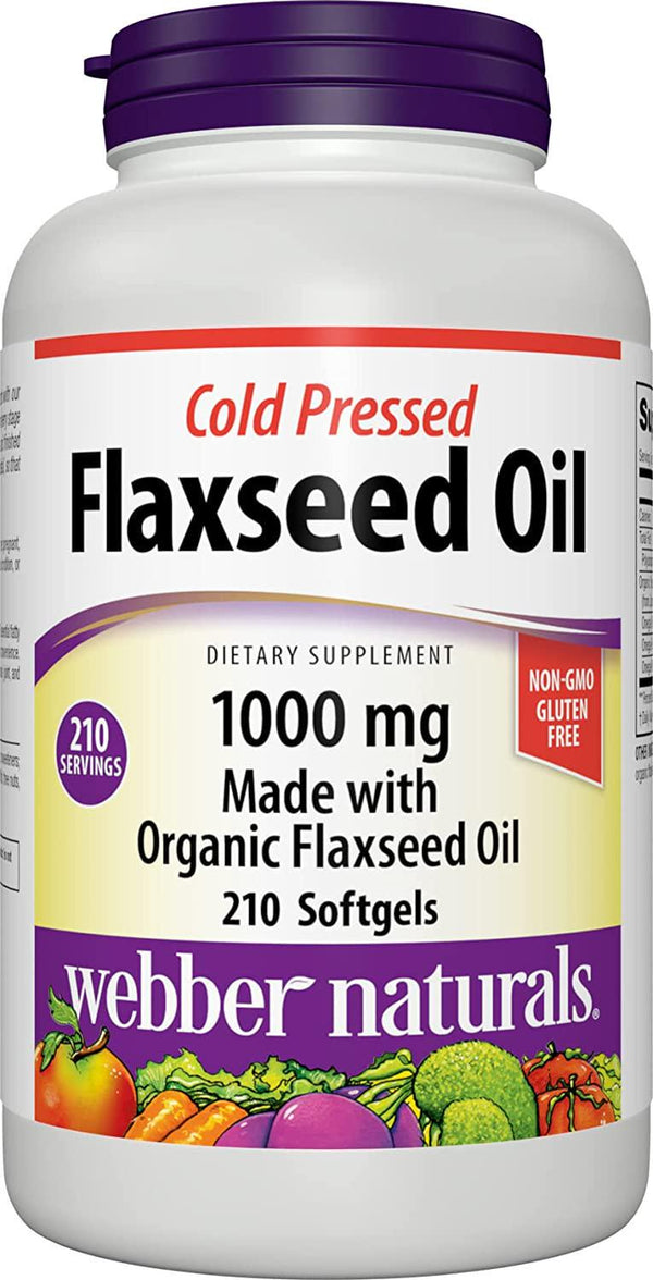 Webber Naturals Cold Pressed Flaxseed Oil 1000 mg, 210 Softgels, Plant Source Omega-3, Supports Heart, Brain, Joint, and Immune Health, Gluten and Dairy Free, Vegan