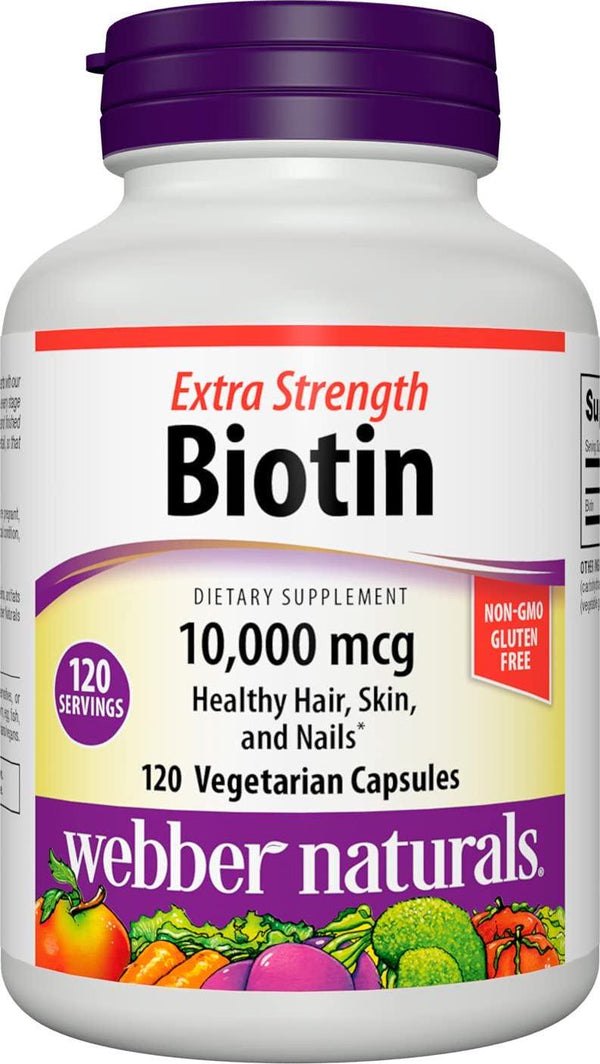 Webber Naturals Extra Strength Biotin 10,000 mcg, 120 Capsules, Supports Healthy Hair, Skin and Nails, Energy Metabolism, Vitamin Supplement, Gluten Free, Non-GMO, Suitable for Vegetarians and Vegans