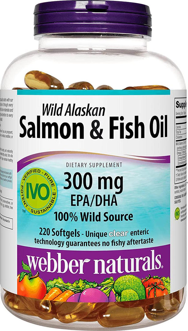 Webber Naturals Fish Oil, 300 mg of Omega-3, 1,000 mg of Total Fish Oil Per Pill, 220 Clear Enteric Softgels, No Fishy Aftertaste, Ultra-Purified, for Heart, Brain and Cardiovascular Health, Non-GMO