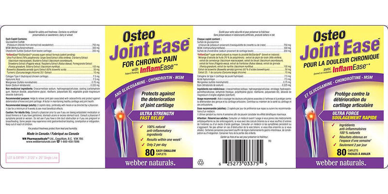 Webber Naturals Osteo Joint Ease with InflamEase, and Glucosamine Chondroitin MSM, 80 easy-swallow caplets