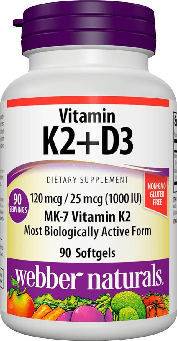 Webber Naturals Vitamin K2 MK-7 (120 mcg) with Vitamin D3 (1,000 IU), 90 Softgels, Supports Bones, Teeth, and Cardiovascular System, Vitamin Supplement, Gluten Free and Non-GMO