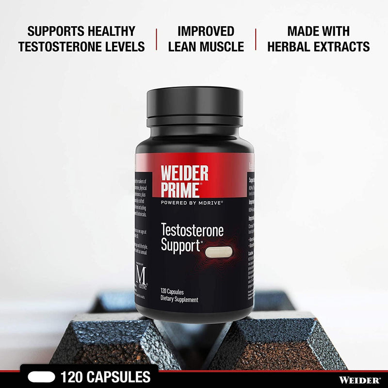 Weider Prime Testosterone Supplement for Men, Healthy Testosterone Support to Help Boost Strength and Build Lean Muscle, 120 Capsules