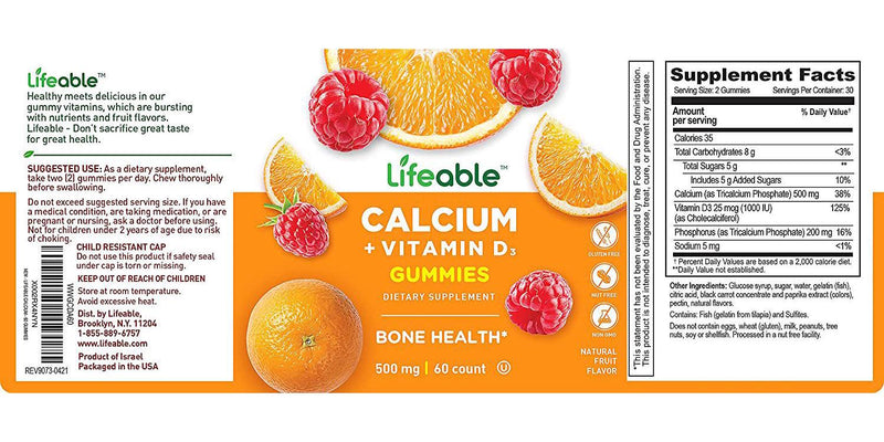 WellWorks Calcium with Vitamin D Gummies Great Tasting Natural Flavor Vitamin Supplement Gluten Free GMO-Free Chewable for Bone Strength for Adults, Man and Women 60 Gummies