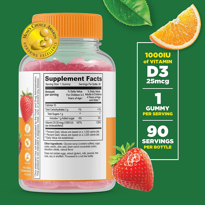 WellWorks Vitamin D for Kids 1000 IU – Great Tasting Natural Flavor Gummy Supplement – Gluten Free Vegetarian GMO-free Chewable – for Strong and Healthy Bones – for Children, Teen, Toddler, 90 Gummies