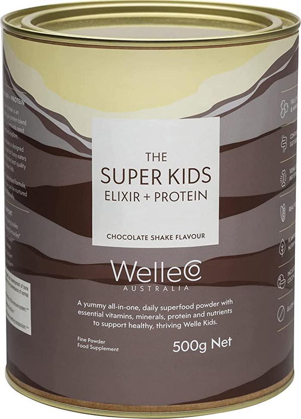 WelleCo, The Super Kids Elixir + Protein, Chocolate Shake, 500g Tin, Supports Cognitive Function, Immunity, and Energy