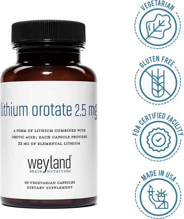 Weyland Brain Nutrition: Lithium Orotate 2.5mg (3 Bottle), 180 Vegetarian Capsules, Lithium Supplement Supports Healthy Mood, Behavior, Memory and Wellness