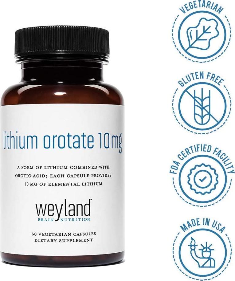 Weyland Brain Nutrition: Lithium Orotate 10mg (3 Bottles), 180 Vegetarian Capsules, Lithium Supplement Supports Healthy Mood, Behavior, Memory and Wellness